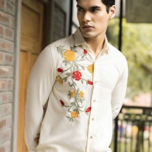 Off White Embroidered Handwoven Cotton Saad Shirt For Men