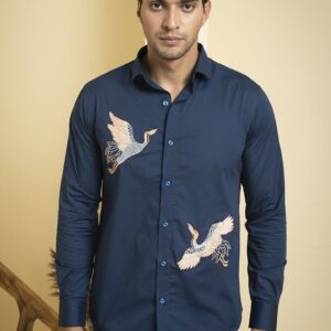 Navy Blue Embroidered Cran Shirt For Men