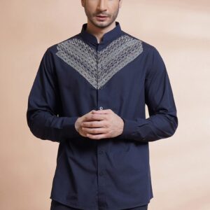 Navy Blue Embroidered Cotton Shirt For Men