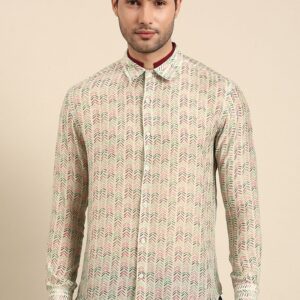 Cream And Beige Printed Muslin Shirt For Men