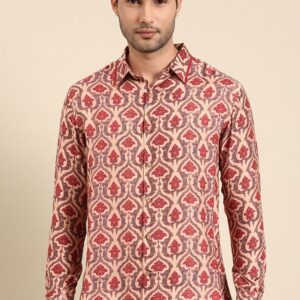 Peach Printed Muslin Shirt For Men