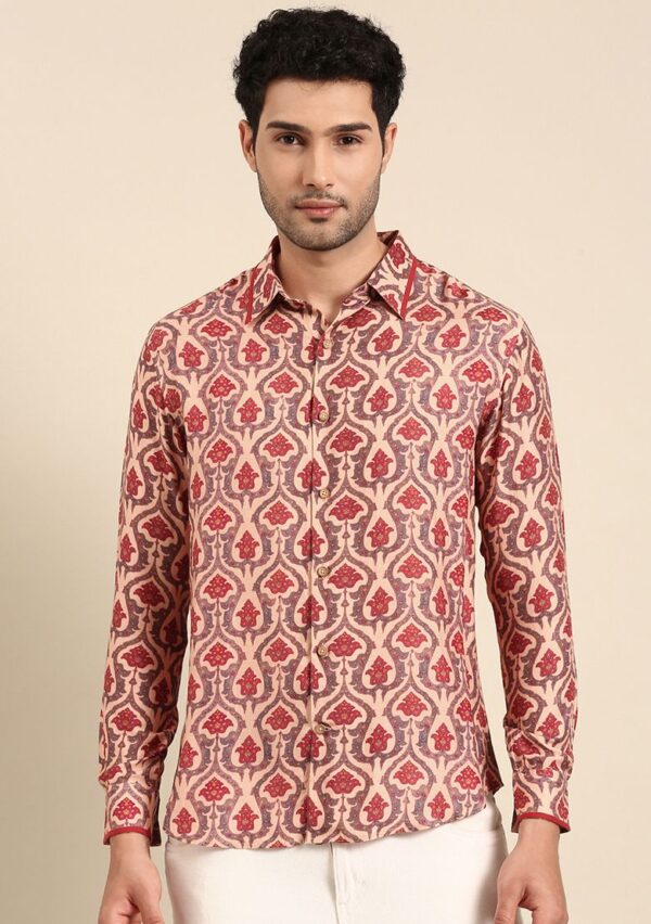 Peach Printed Muslin Shirt For Men