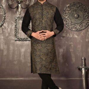Black Embroidered Cotton Silk Kurta Pyjama Set For Men
