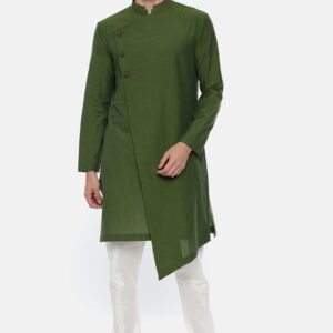 Green Asymmetric Cotton Kurta Set For Men