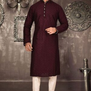 Maroon Embroidered Dupion Silk Kurta Pyjama Set For Men