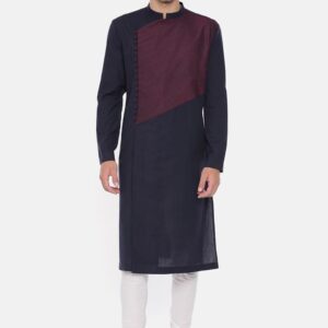 Blue And Maroon Asymmetric Kurta Set For Men