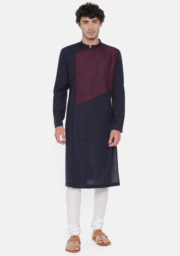 Blue And Maroon Asymmetric Kurta Set For Men
