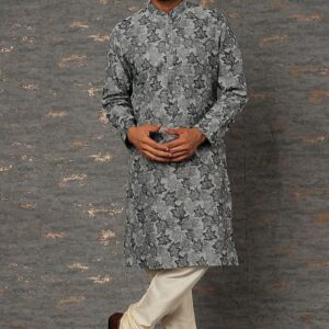 Black And Grey Floral Print Kurta Set For Men
