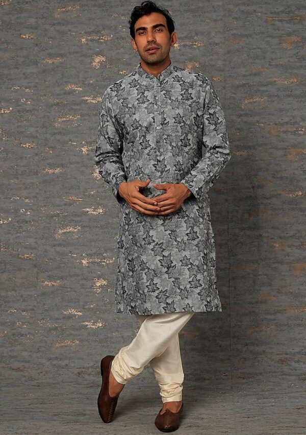 Black And Grey Floral Print Kurta Set For Men