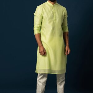 Green Embroidered Chanderi Silk Kurta Set For Men