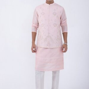 Baby Pink And Ivory Bam Silk Kurta Set For Men