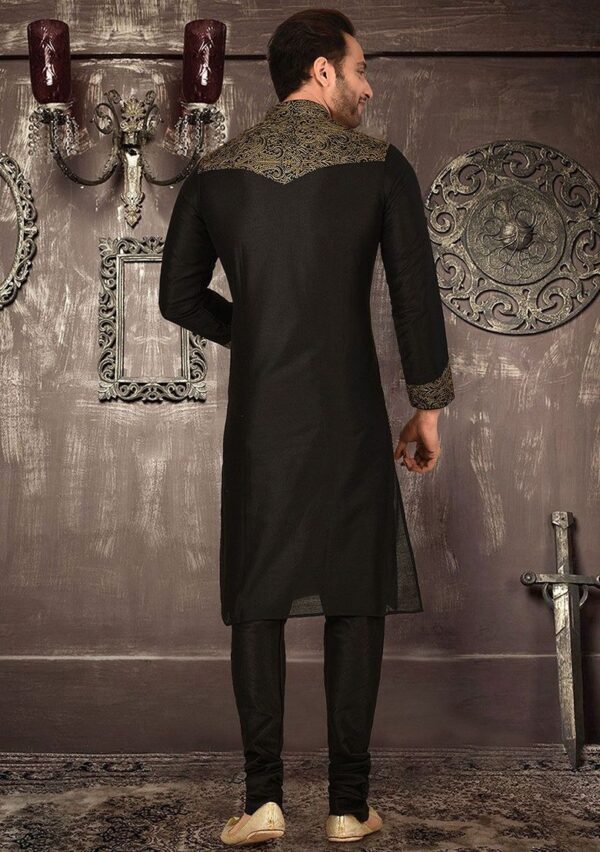 Black Embroidered Cotton Silk Kurta Pyjama Set For Men - Image 2