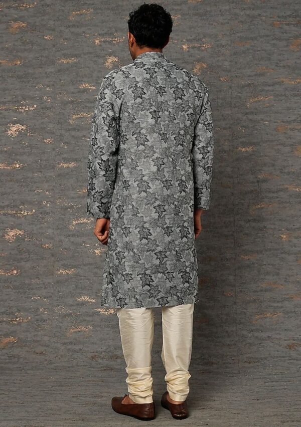 Black And Grey Floral Print Kurta Set For Men - Image 2