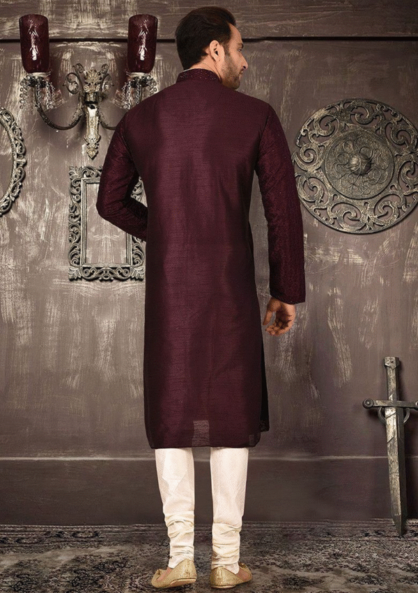 Maroon Embroidered Dupion Silk Kurta Pyjama Set For Men - Image 2