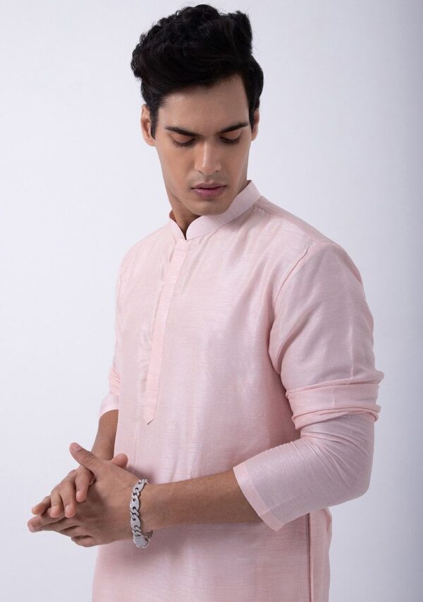 Baby Pink And Ivory Bam Silk Kurta Set For Men - Image 3