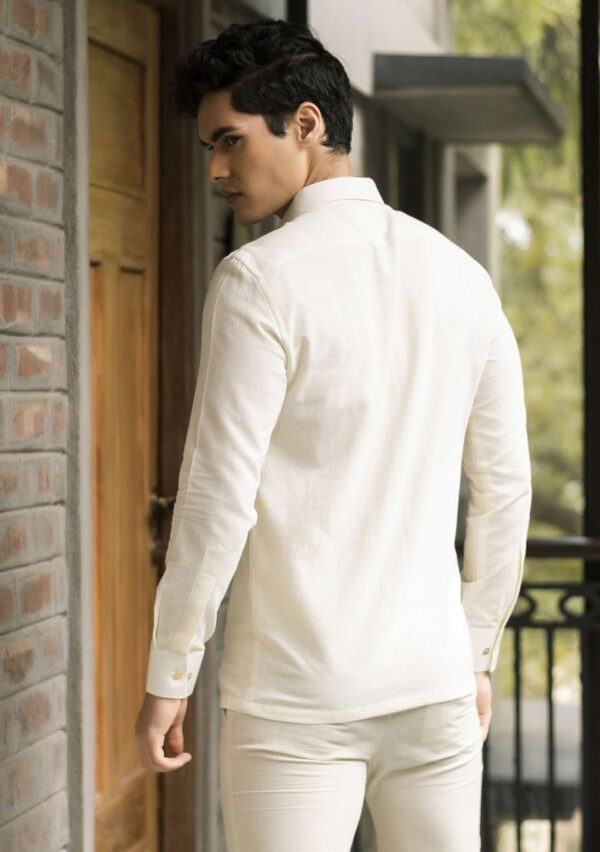 Off White Embroidered Handwoven Cotton Saad Shirt For Men - Image 2
