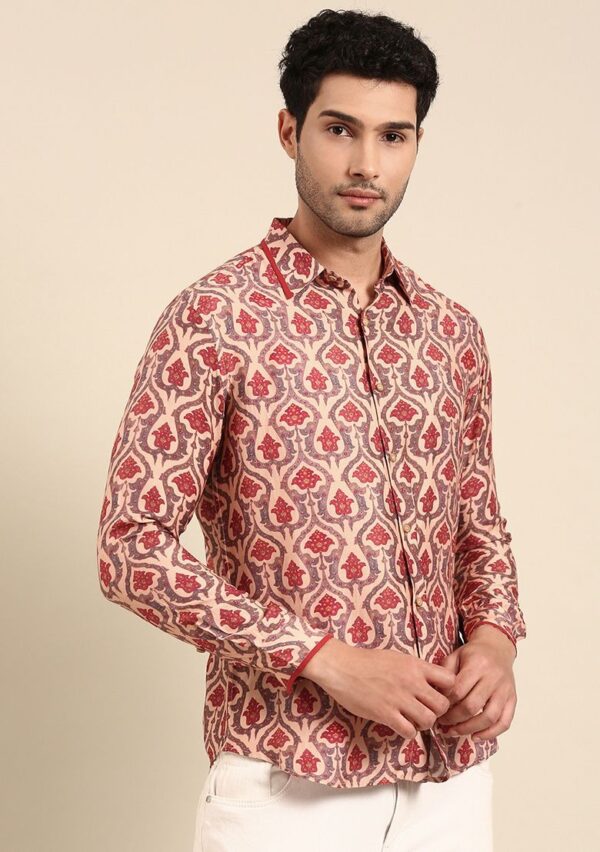 Peach Printed Muslin Shirt For Men - Image 2