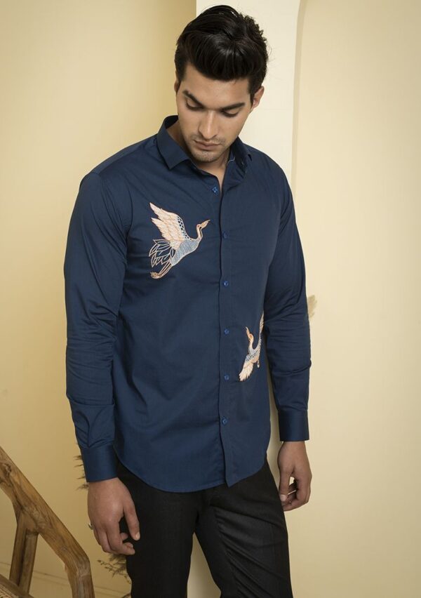 Navy Blue Embroidered Cran Shirt For Men - Image 2