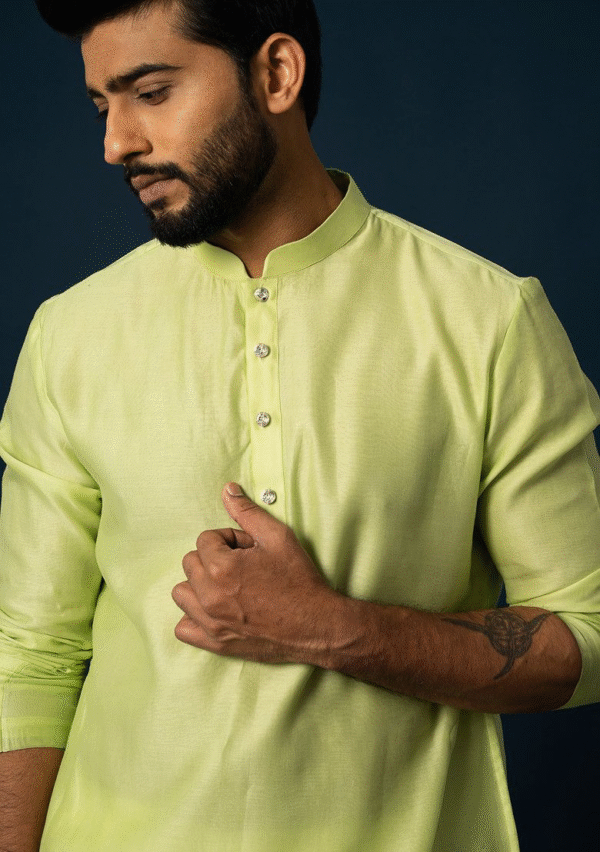 Green Embroidered Chanderi Silk Kurta Set For Men - Image 3