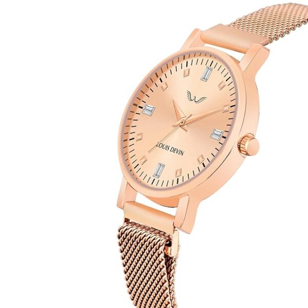 LOUIS DEVIN Rose Gold/Black Plated Mesh Chain Analog Wrist Watch - Image 3