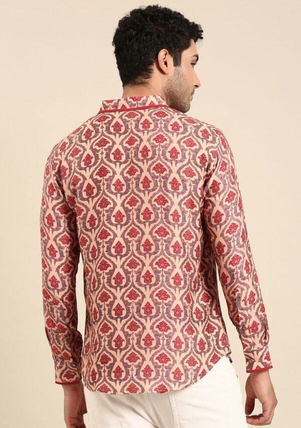 Peach Printed Muslin Shirt For Men - Image 3