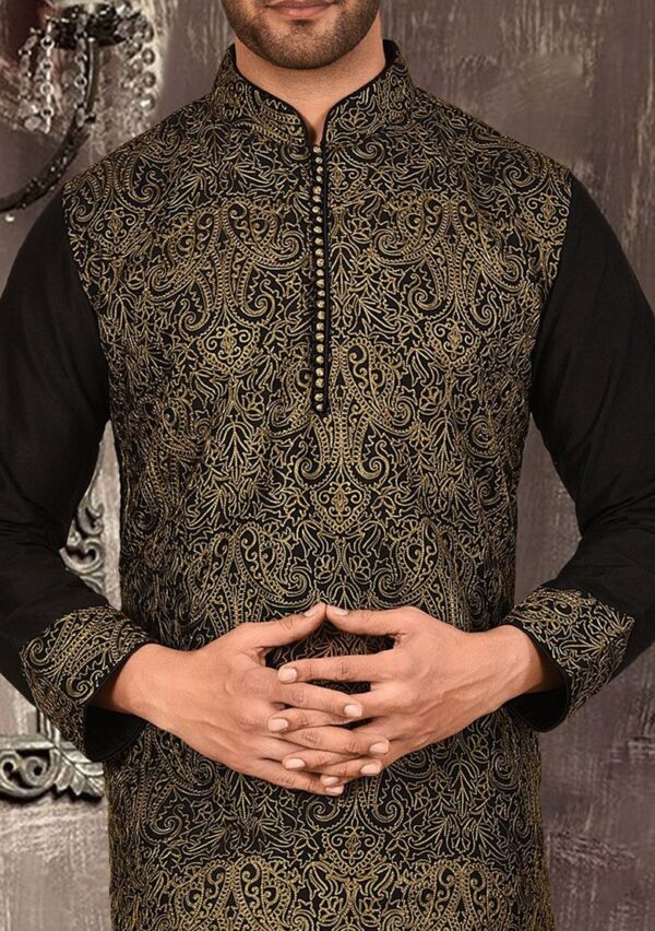 Black Embroidered Cotton Silk Kurta Pyjama Set For Men - Image 3