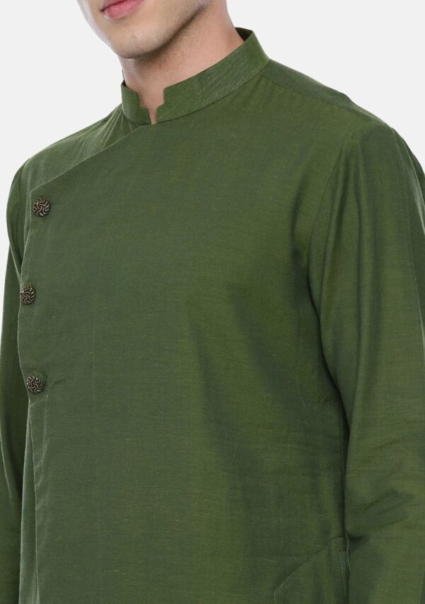 Green Asymmetric Cotton Kurta Set For Men - Image 3