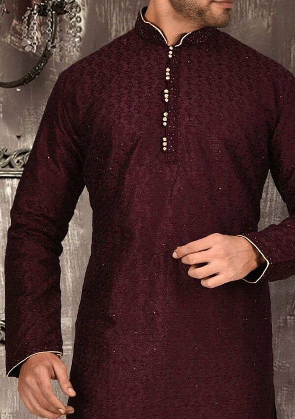 Maroon Embroidered Dupion Silk Kurta Pyjama Set For Men - Image 3