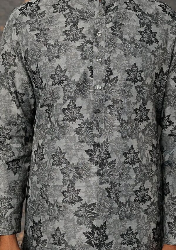 Black And Grey Floral Print Kurta Set For Men - Image 3