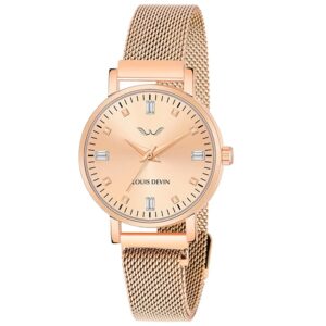 LOUIS DEVIN Rose Gold/Black Plated Mesh Chain Analog Wrist Watch