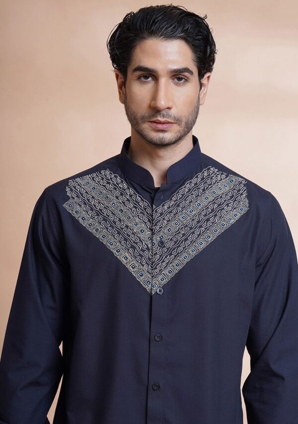 Navy Blue Embroidered Cotton Shirt For Men - Image 2