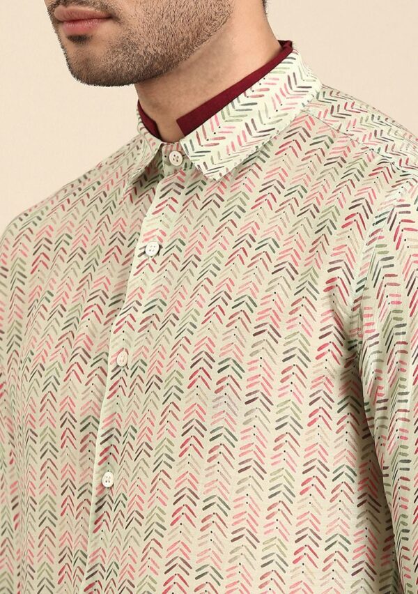 Cream And Beige Printed Muslin Shirt For Men - Image 3