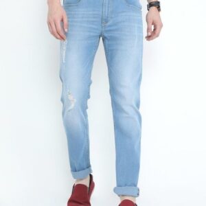 Men's Blue Washed Slim Fit Distressed Jeans