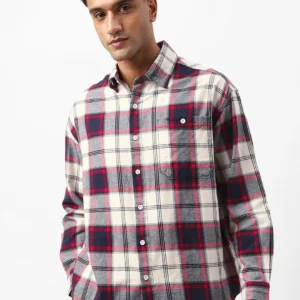 Men's Beige & Blue Checked Oversized Shirt