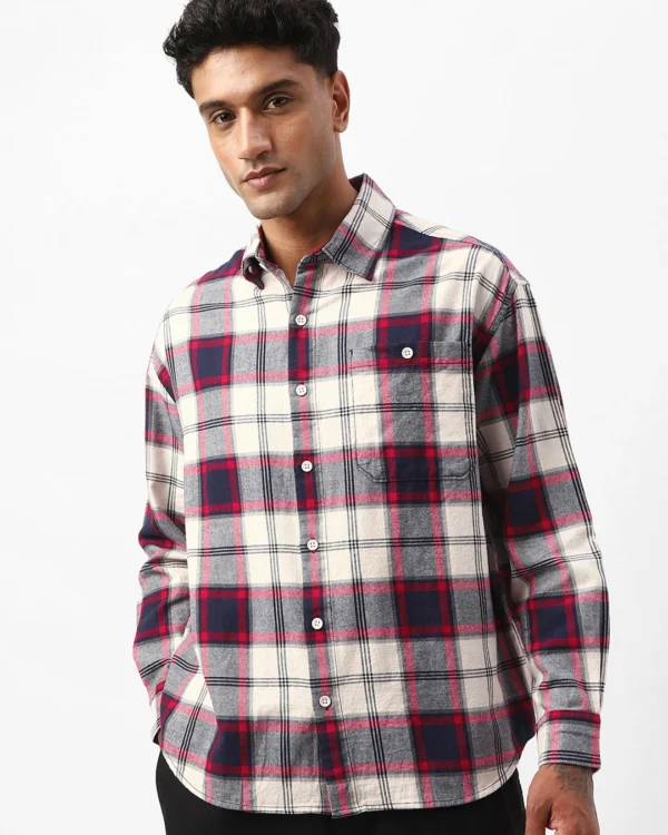 Men's Beige & Blue Checked Oversized Shirt