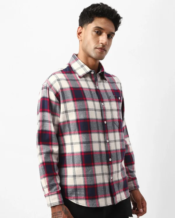 Men's Beige & Blue Checked Oversized Shirt - Image 2