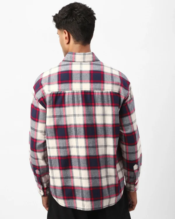 Men's Beige & Blue Checked Oversized Shirt - Image 3