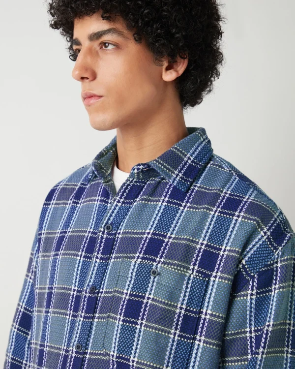 Men's Navy Blue Checked Oversized Shirt - Image 3