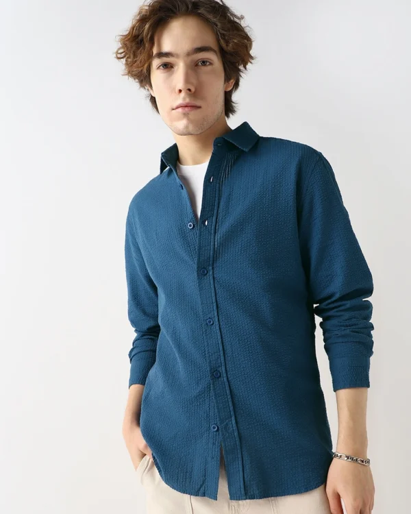 Men's Navy Blue Textured Shirt