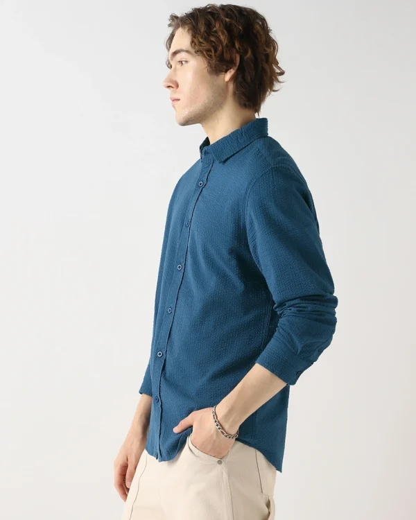 Men's Navy Blue Textured Shirt - Image 2