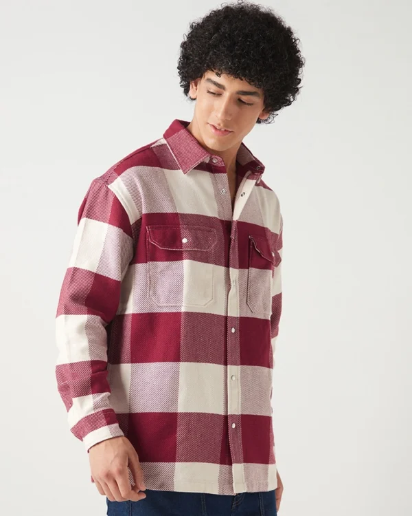 Men's Red & Off White Checked Oversized Shirt