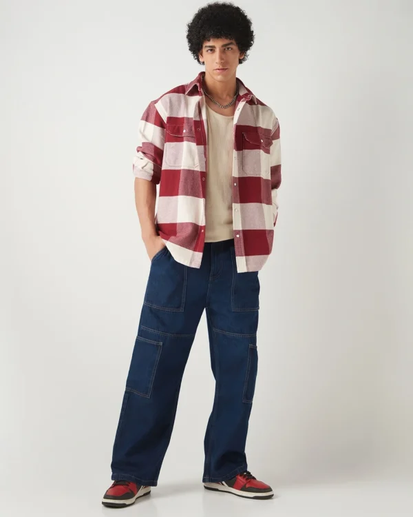 Men's Red & Off White Checked Oversized Shirt - Image 3
