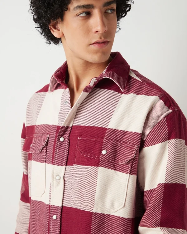 Men's Red & Off White Checked Oversized Shirt - Image 2